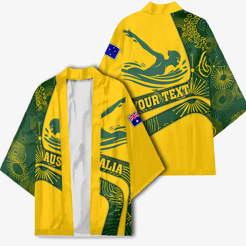 Personalized Australia Swimming Athlete Kimono Bold Swimmer Silhouette With Indigenous Pattern Accents