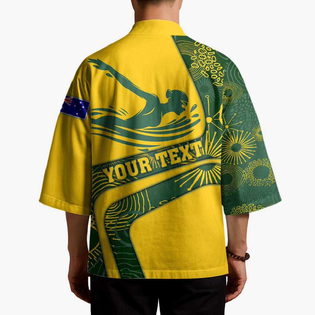 Personalized Australia Swimming Athlete Kimono Bold Swimmer Silhouette With Indigenous Pattern Accents