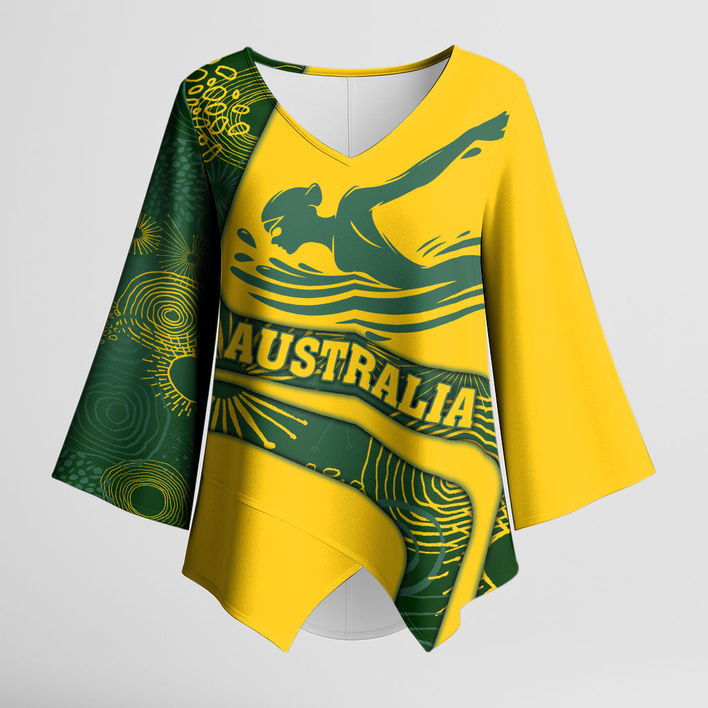 Personalized Australia Swimming Athlete Kimono Sleeve Blouse Bold Swimmer Silhouette With Indigenous Pattern Accents