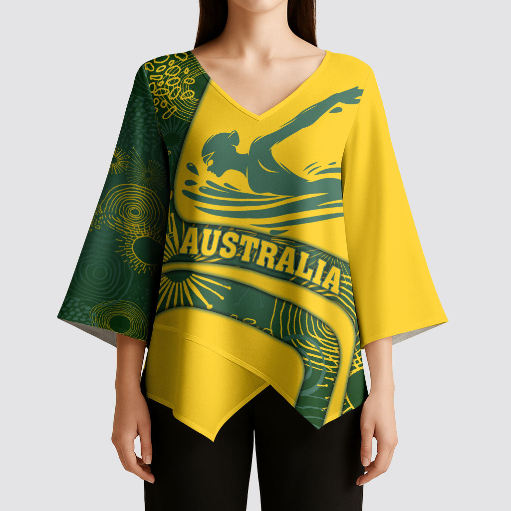 Personalized Australia Swimming Athlete Kimono Sleeve Blouse Bold Swimmer Silhouette With Indigenous Pattern Accents