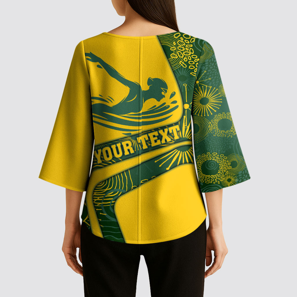 Personalized Australia Swimming Athlete Kimono Sleeve Blouse Bold Swimmer Silhouette With Indigenous Pattern Accents