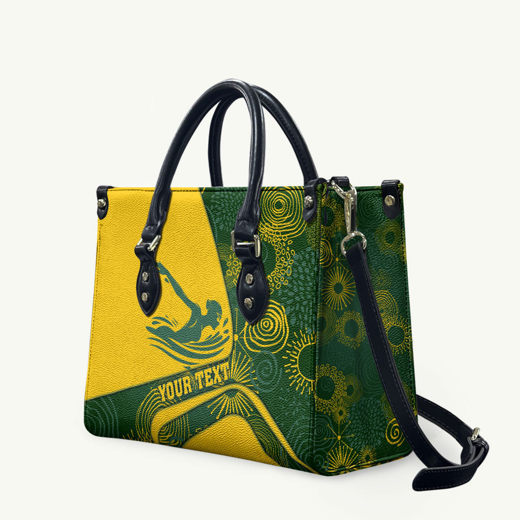 Personalized Australia Swimming Athlete Leather Bag Bold Swimmer Silhouette With Indigenous Pattern Accents