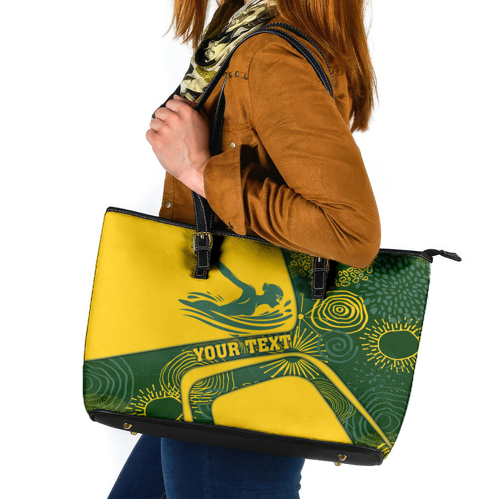 Personalized Australia Swimming Athlete Leather Tote Bag Bold Swimmer Silhouette With Indigenous Pattern Accents
