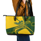 Personalized Australia Swimming Athlete Leather Tote Bag Bold Swimmer Silhouette With Indigenous Pattern Accents