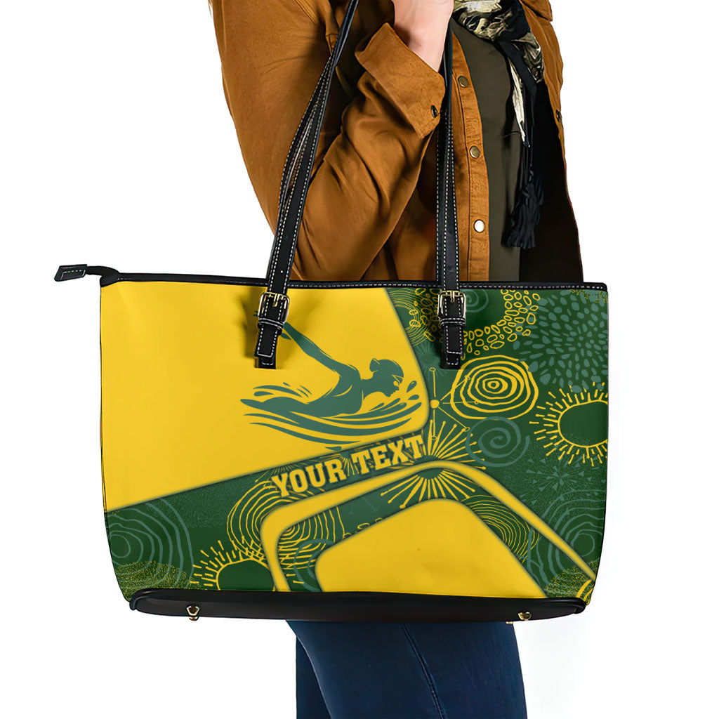 Personalized Australia Swimming Athlete Leather Tote Bag Bold Swimmer Silhouette With Indigenous Pattern Accents