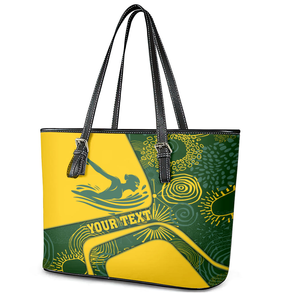 Personalized Australia Swimming Athlete Leather Tote Bag Bold Swimmer Silhouette With Indigenous Pattern Accents