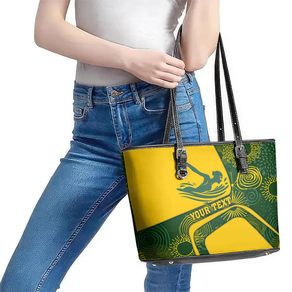 Personalized Australia Swimming Athlete Leather Tote Bag Bold Swimmer Silhouette With Indigenous Pattern Accents
