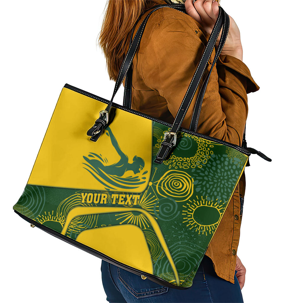 Personalized Australia Swimming Athlete Leather Tote Bag Bold Swimmer Silhouette With Indigenous Pattern Accents