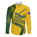 Personalized Australia Swimming Athlete Long Sleeve Button Shirt Bold Swimmer Silhouette With Indigenous Pattern Accents