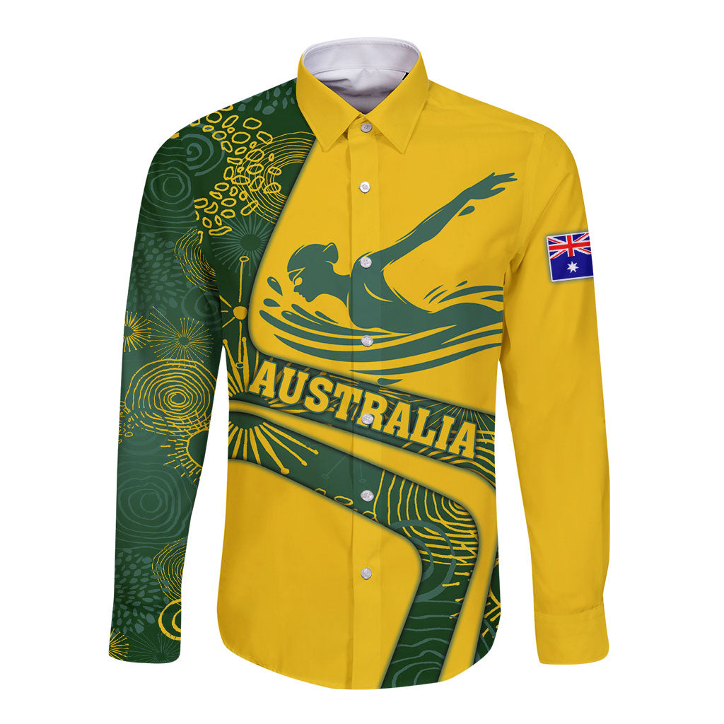 Personalized Australia Swimming Athlete Long Sleeve Button Shirt Bold Swimmer Silhouette With Indigenous Pattern Accents