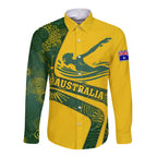 Personalized Australia Swimming Athlete Long Sleeve Button Shirt Bold Swimmer Silhouette With Indigenous Pattern Accents