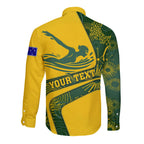 Personalized Australia Swimming Athlete Long Sleeve Button Shirt Bold Swimmer Silhouette With Indigenous Pattern Accents