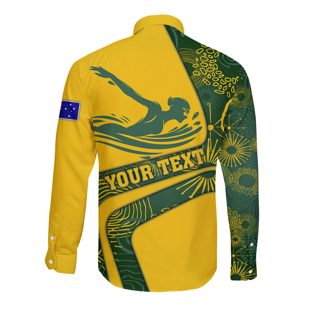 Personalized Australia Swimming Athlete Long Sleeve Button Shirt Bold Swimmer Silhouette With Indigenous Pattern Accents
