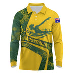 Personalized Australia Swimming Athlete Long Sleeve Polo Shirt Bold Swimmer Silhouette With Indigenous Pattern Accents