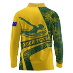 Personalized Australia Swimming Athlete Long Sleeve Polo Shirt Bold Swimmer Silhouette With Indigenous Pattern Accents