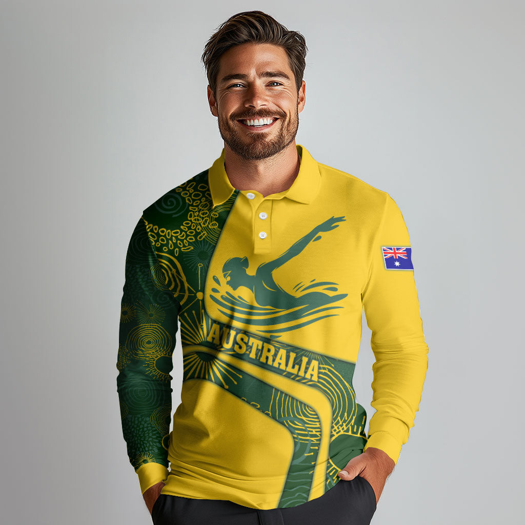 Personalized Australia Swimming Athlete Long Sleeve Polo Shirt Bold Swimmer Silhouette With Indigenous Pattern Accents