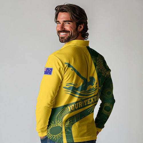 Personalized Australia Swimming Athlete Long Sleeve Polo Shirt Bold Swimmer Silhouette With Indigenous Pattern Accents
