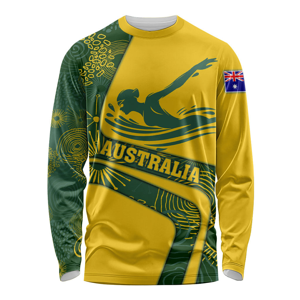 Personalized Australia Swimming Athlete Long Sleeve Shirt Bold Swimmer Silhouette With Indigenous Pattern Accents
