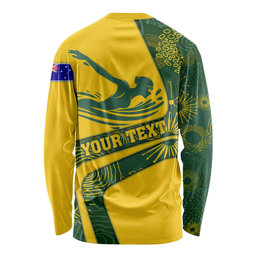 Personalized Australia Swimming Athlete Long Sleeve Shirt Bold Swimmer Silhouette With Indigenous Pattern Accents