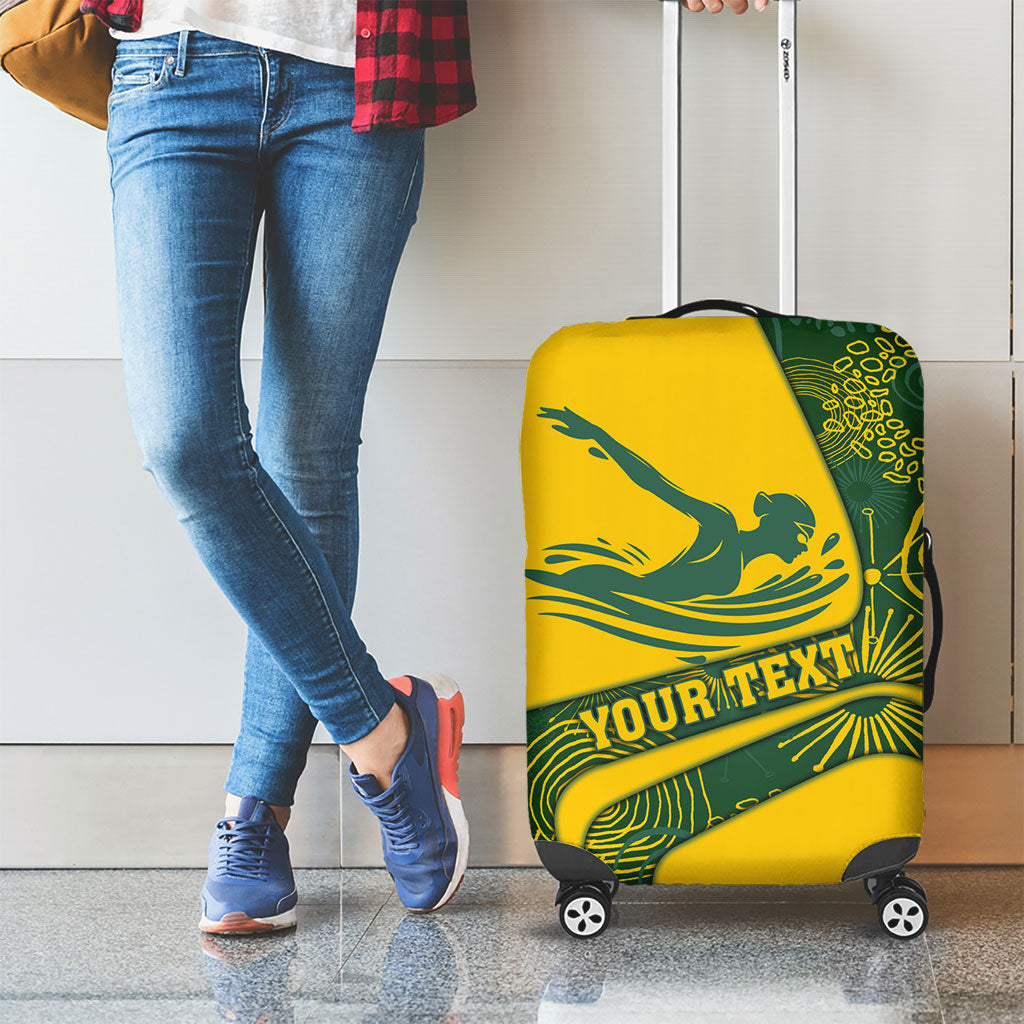 Personalized Australia Swimming Athlete Luggage Cover Bold Swimmer Silhouette With Indigenous Pattern Accents