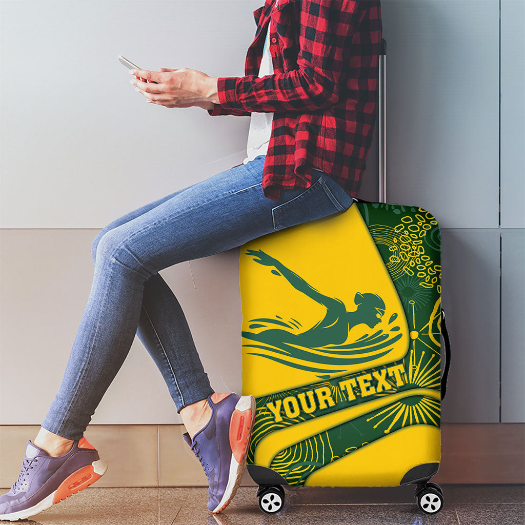 Personalized Australia Swimming Athlete Luggage Cover Bold Swimmer Silhouette With Indigenous Pattern Accents