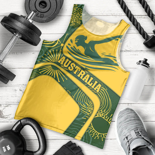 Personalized Australia Swimming Athlete Men Tank Top Bold Swimmer Silhouette With Indigenous Pattern Accents