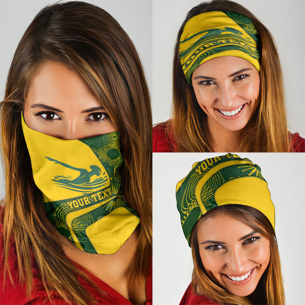 Personalized Australia Swimming Athlete Neck Gaiter Bold Swimmer Silhouette With Indigenous Pattern Accents
