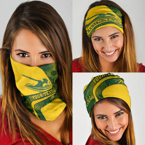 Personalized Australia Swimming Athlete Neck Gaiter Bold Swimmer Silhouette With Indigenous Pattern Accents