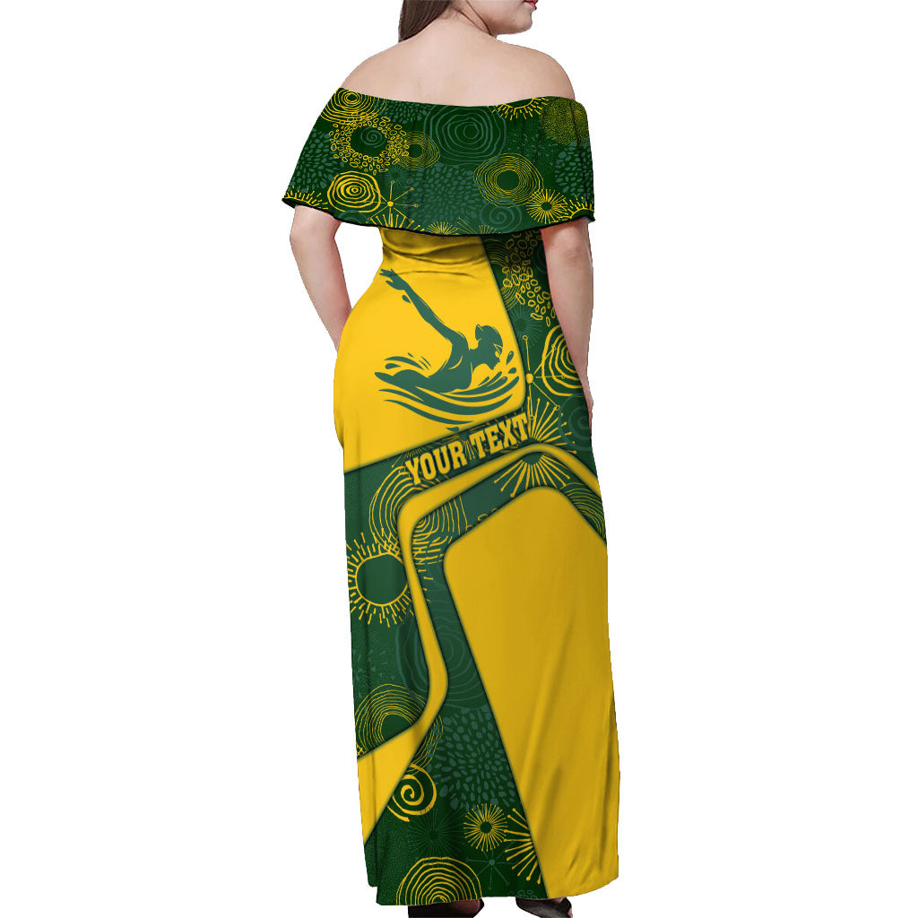 Personalized Australia Swimming Athlete Off Shoulder Maxi Dress Bold Swimmer Silhouette With Indigenous Pattern Accents
