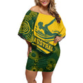 Personalized Australia Swimming Athlete Off Shoulder Short Dress Bold Swimmer Silhouette With Indigenous Pattern Accents