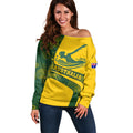 Personalized Australia Swimming Athlete Off Shoulder Sweater Bold Swimmer Silhouette With Indigenous Pattern Accents