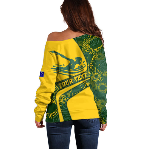Personalized Australia Swimming Athlete Off Shoulder Sweater Bold Swimmer Silhouette With Indigenous Pattern Accents