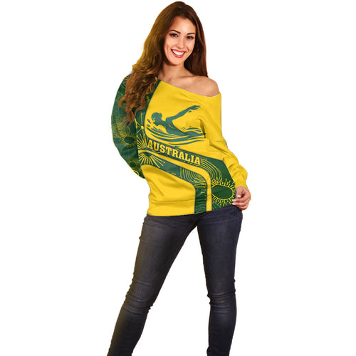 Personalized Australia Swimming Athlete Off Shoulder Sweater Bold Swimmer Silhouette With Indigenous Pattern Accents