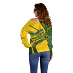 Personalized Australia Swimming Athlete Off Shoulder Sweater Bold Swimmer Silhouette With Indigenous Pattern Accents