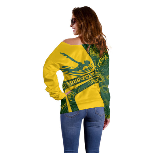 Personalized Australia Swimming Athlete Off Shoulder Sweater Bold Swimmer Silhouette With Indigenous Pattern Accents