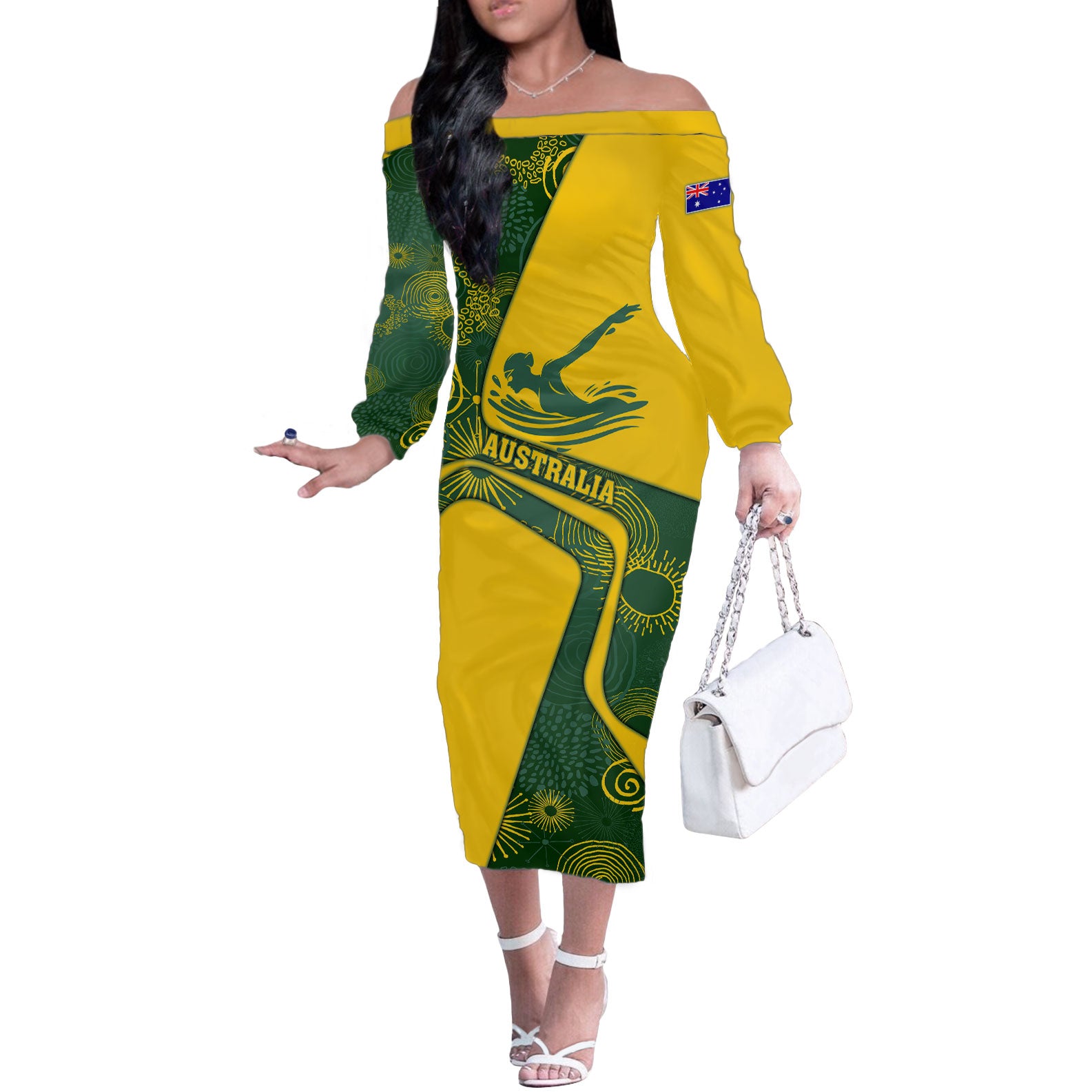 Personalized Australia Swimming Athlete Off The Shoulder Long Sleeve Dress Bold Swimmer Silhouette With Indigenous Pattern Accents