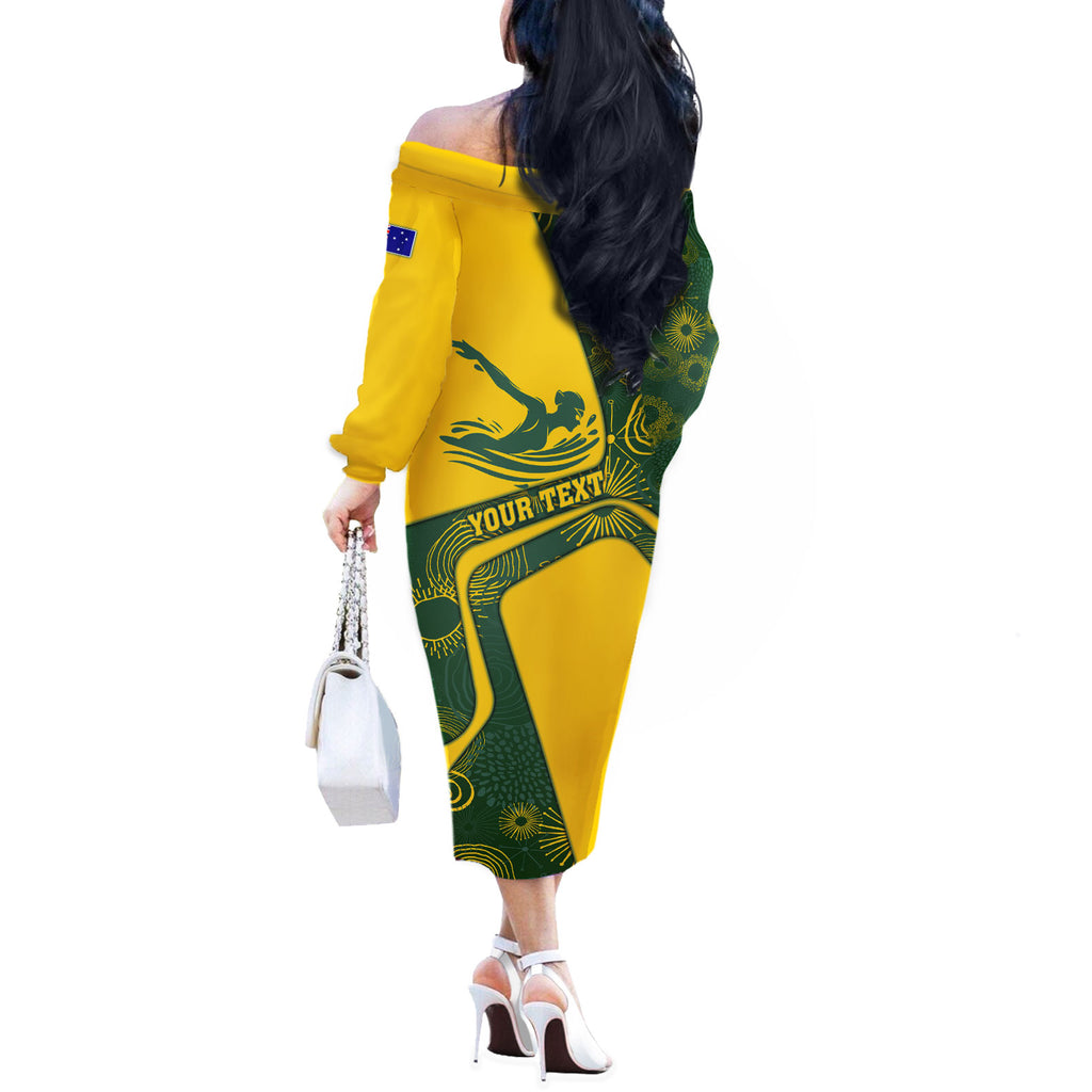 Personalized Australia Swimming Athlete Off The Shoulder Long Sleeve Dress Bold Swimmer Silhouette With Indigenous Pattern Accents