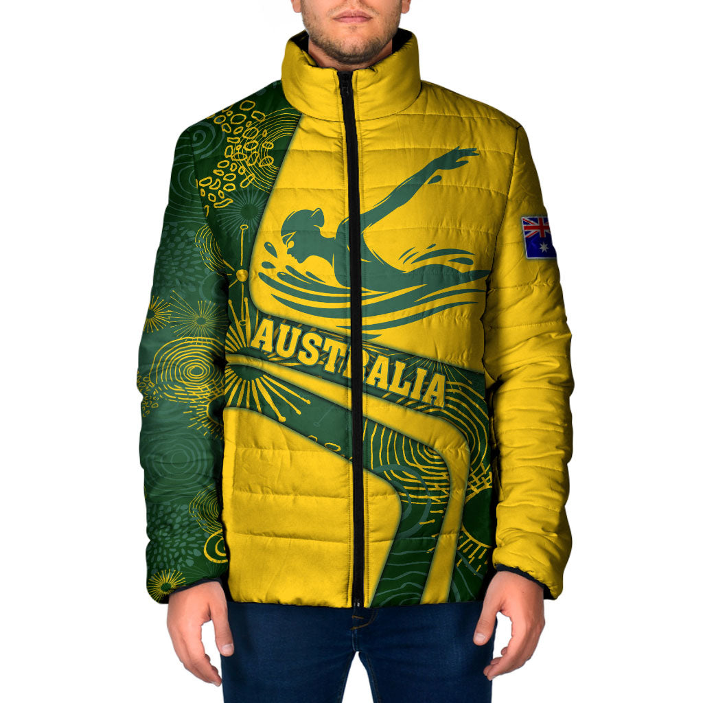 Personalized Australia Swimming Athlete Padded Jacket Bold Swimmer Silhouette With Indigenous Pattern Accents