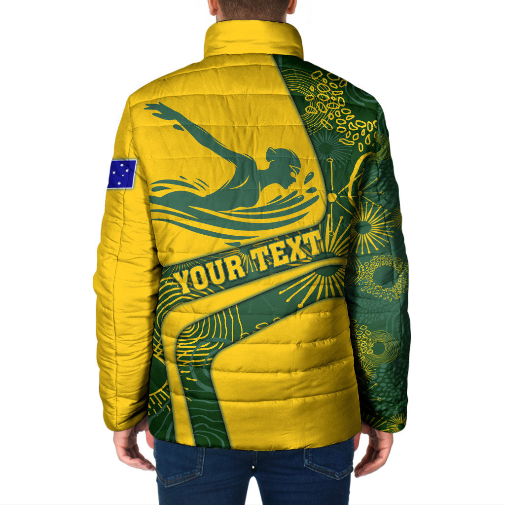 Personalized Australia Swimming Athlete Padded Jacket Bold Swimmer Silhouette With Indigenous Pattern Accents