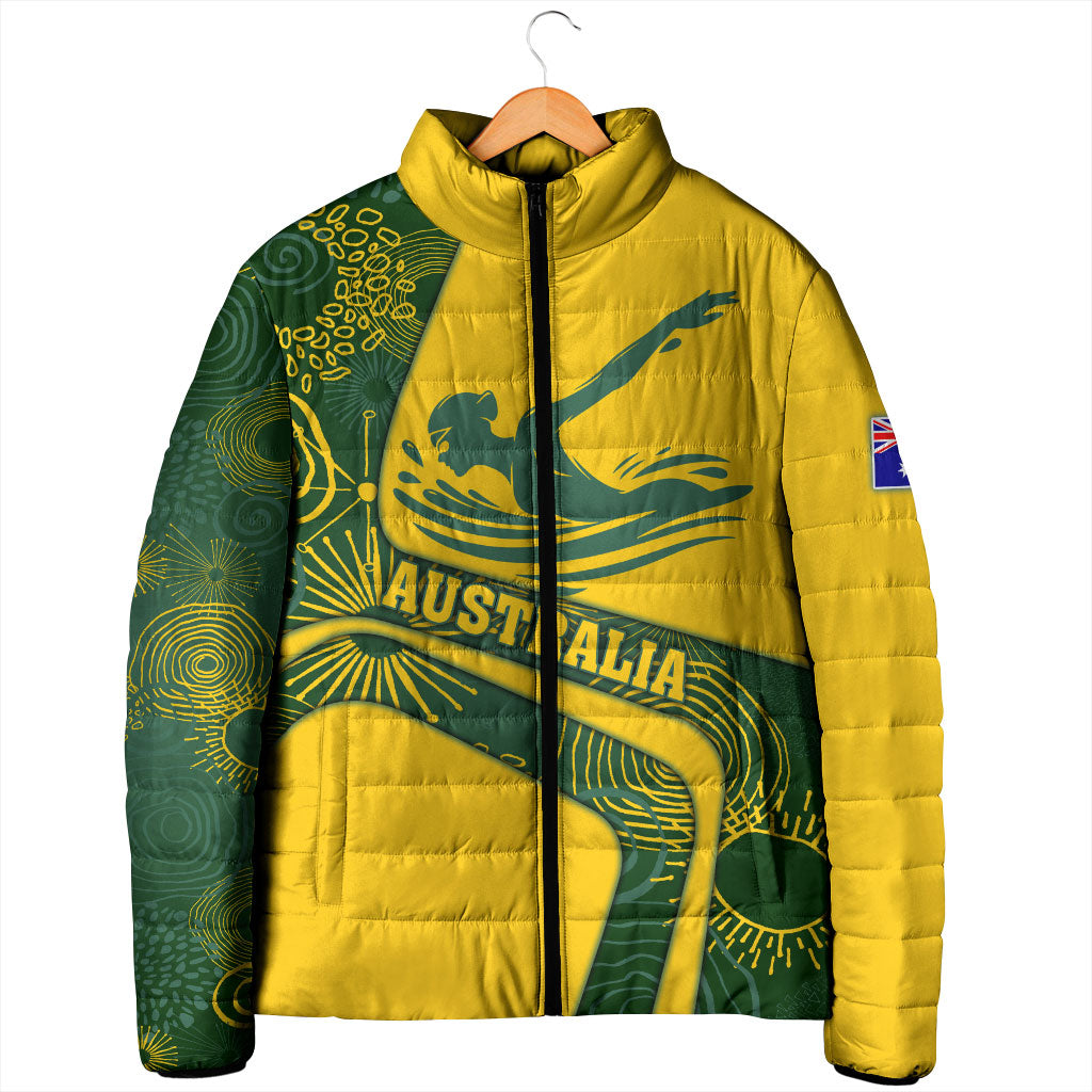 Personalized Australia Swimming Athlete Padded Jacket Bold Swimmer Silhouette With Indigenous Pattern Accents