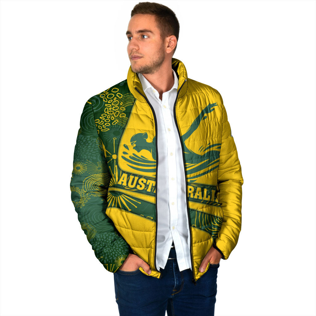Personalized Australia Swimming Athlete Padded Jacket Bold Swimmer Silhouette With Indigenous Pattern Accents