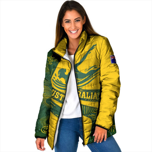 Personalized Australia Swimming Athlete Padded Jacket Bold Swimmer Silhouette With Indigenous Pattern Accents