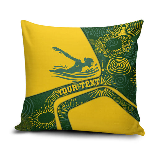 Personalized Australia Swimming Athlete Pillow Cover Bold Swimmer Silhouette With Indigenous Pattern Accents