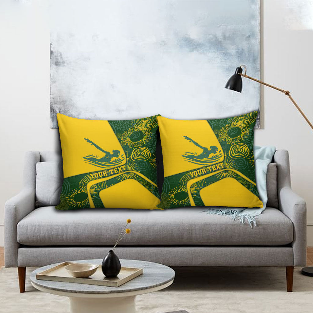 Personalized Australia Swimming Athlete Pillow Cover Bold Swimmer Silhouette With Indigenous Pattern Accents
