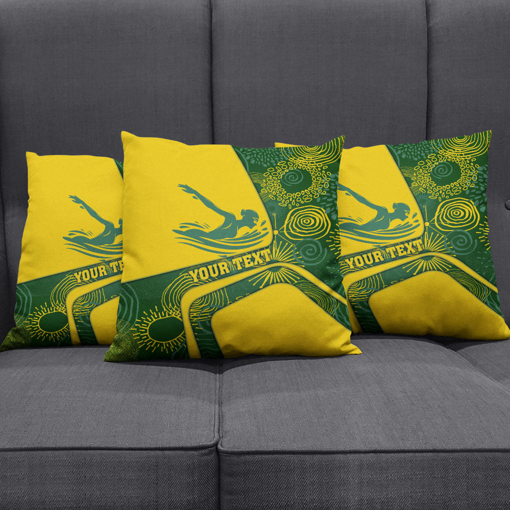 Personalized Australia Swimming Athlete Pillow Cover Bold Swimmer Silhouette With Indigenous Pattern Accents