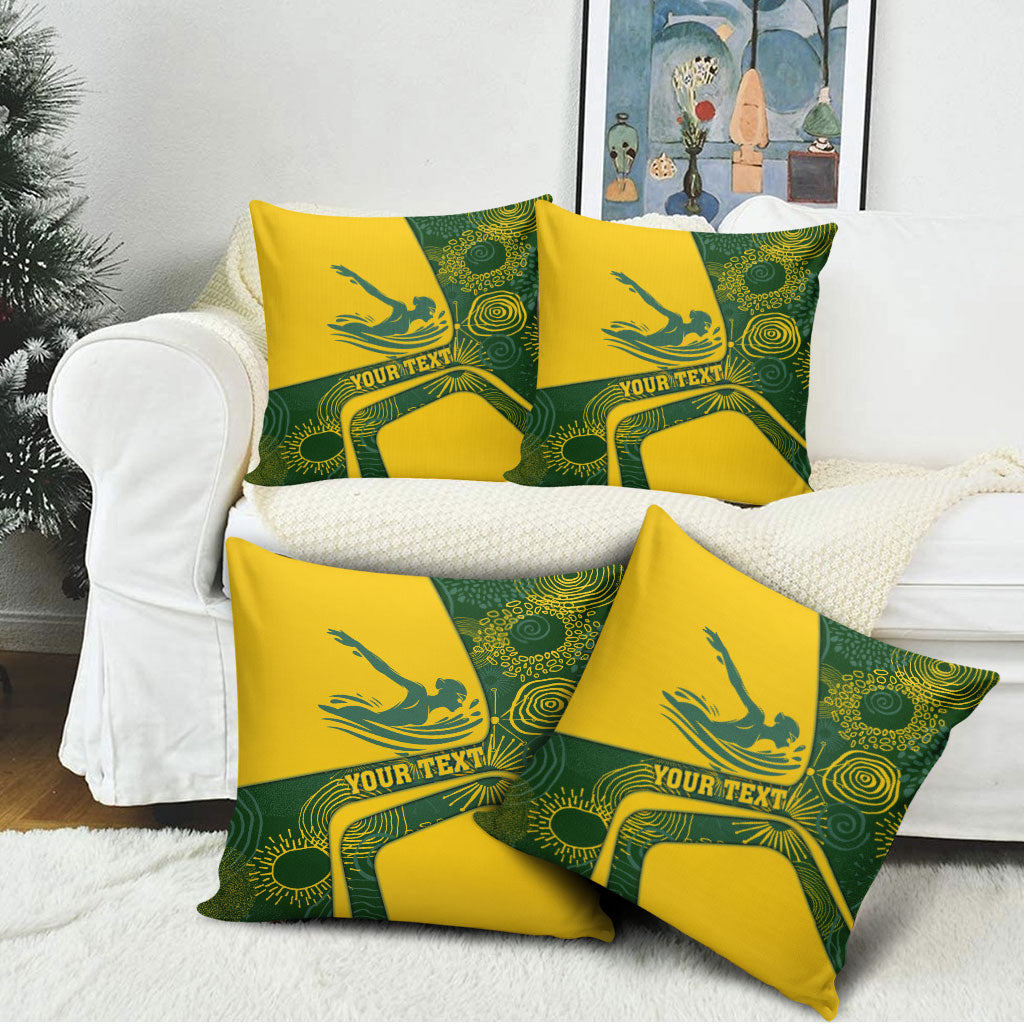 Personalized Australia Swimming Athlete Pillow Cover Bold Swimmer Silhouette With Indigenous Pattern Accents