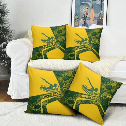 Personalized Australia Swimming Athlete Pillow Cover Bold Swimmer Silhouette With Indigenous Pattern Accents