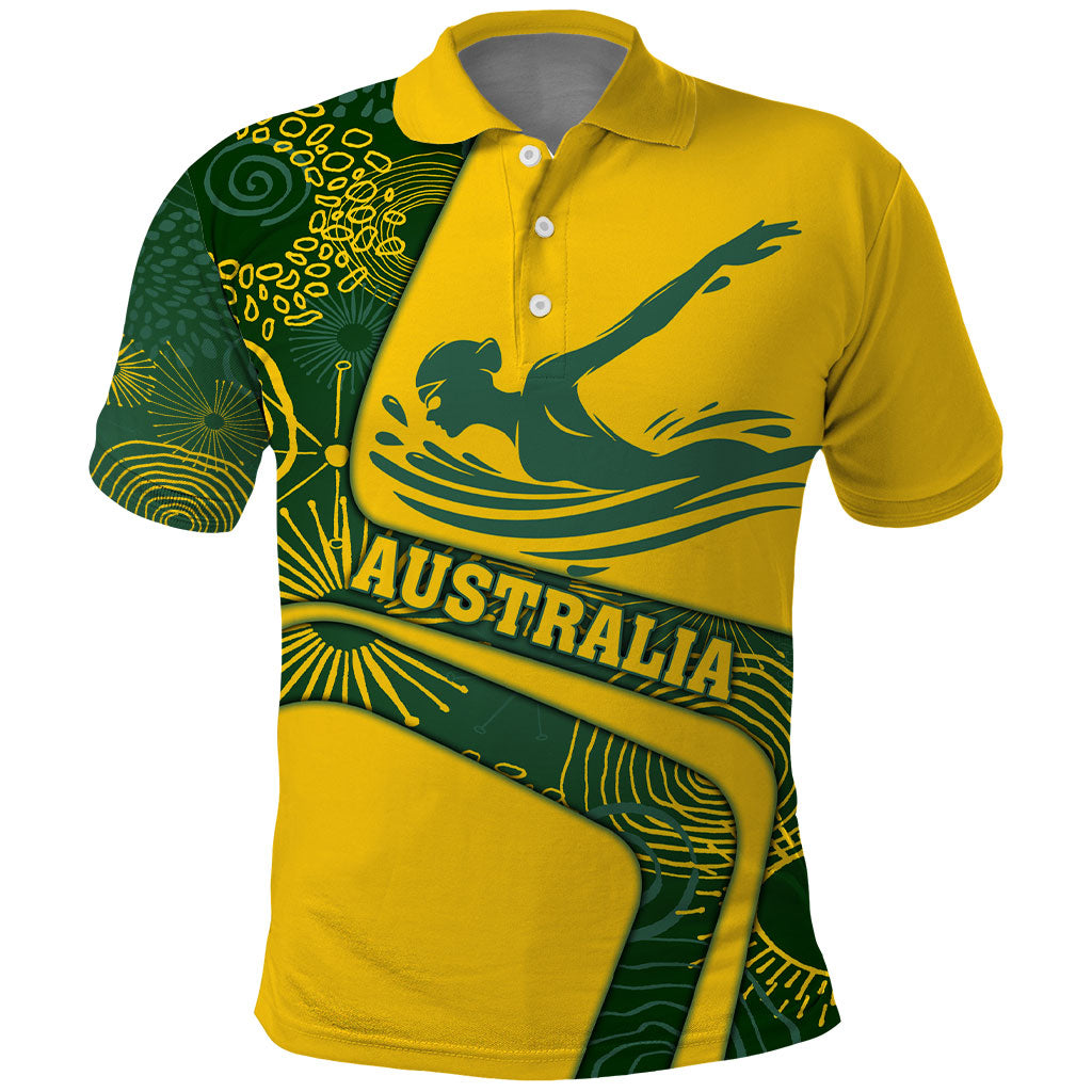 Personalized Australia Swimming Athlete Polo Shirt Bold Swimmer Silhouette With Indigenous Pattern Accents
