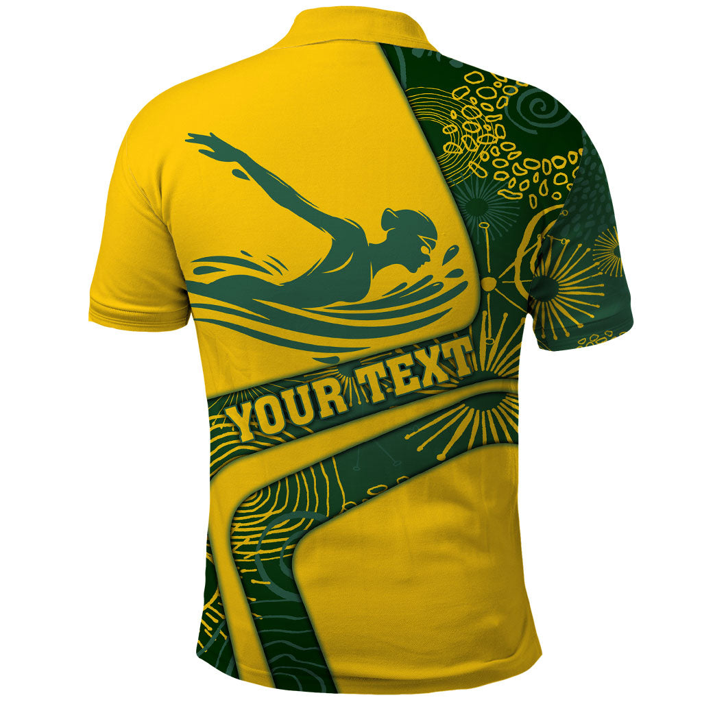 Personalized Australia Swimming Athlete Polo Shirt Bold Swimmer Silhouette With Indigenous Pattern Accents