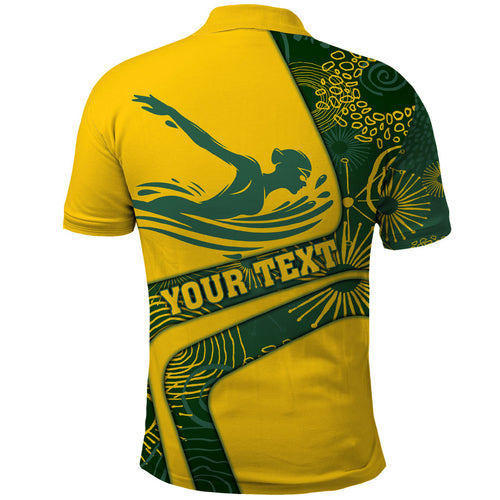 Personalized Australia Swimming Athlete Polo Shirt Bold Swimmer Silhouette With Indigenous Pattern Accents
